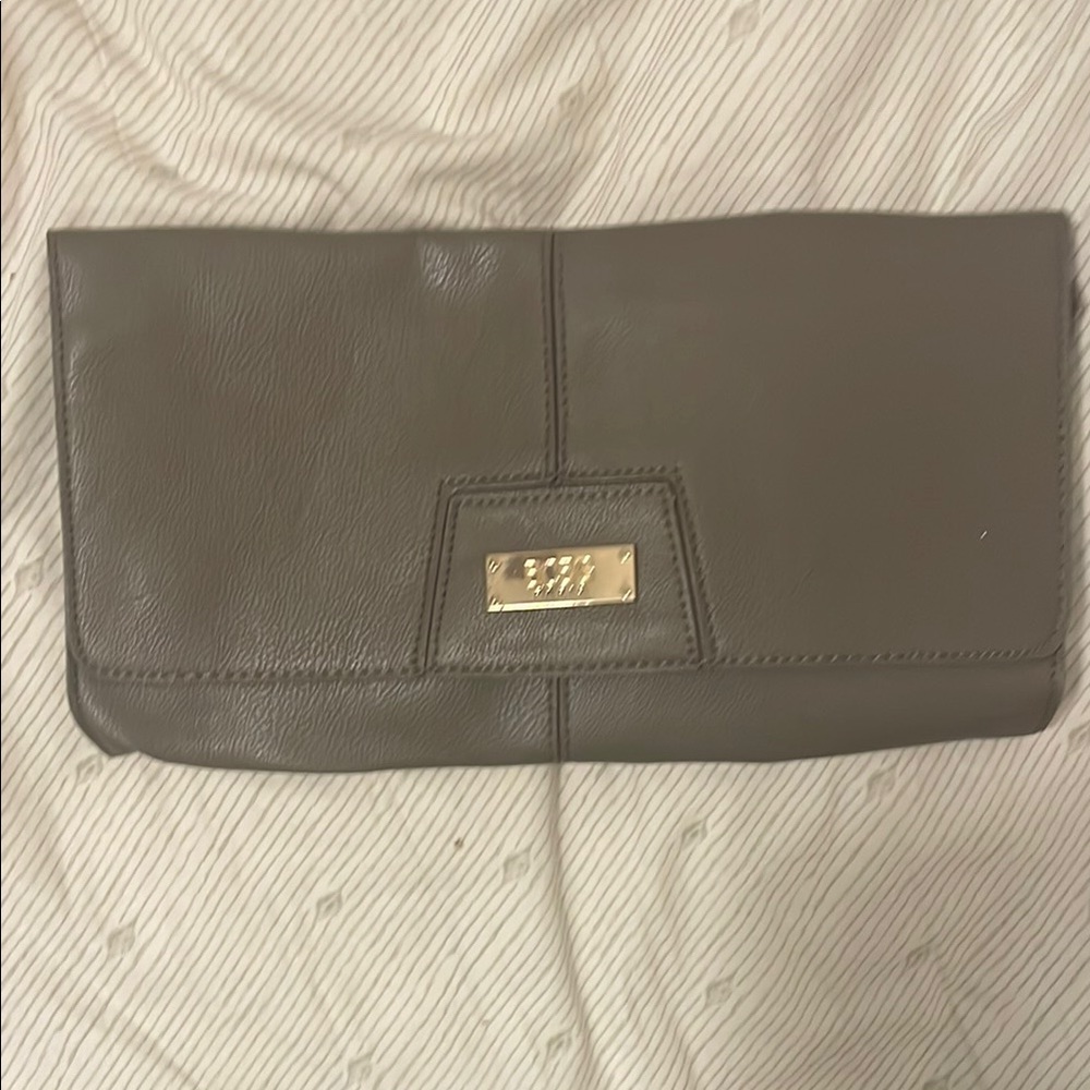 BCBG Gray Leather Wristlet Clutch with Minimalist Design